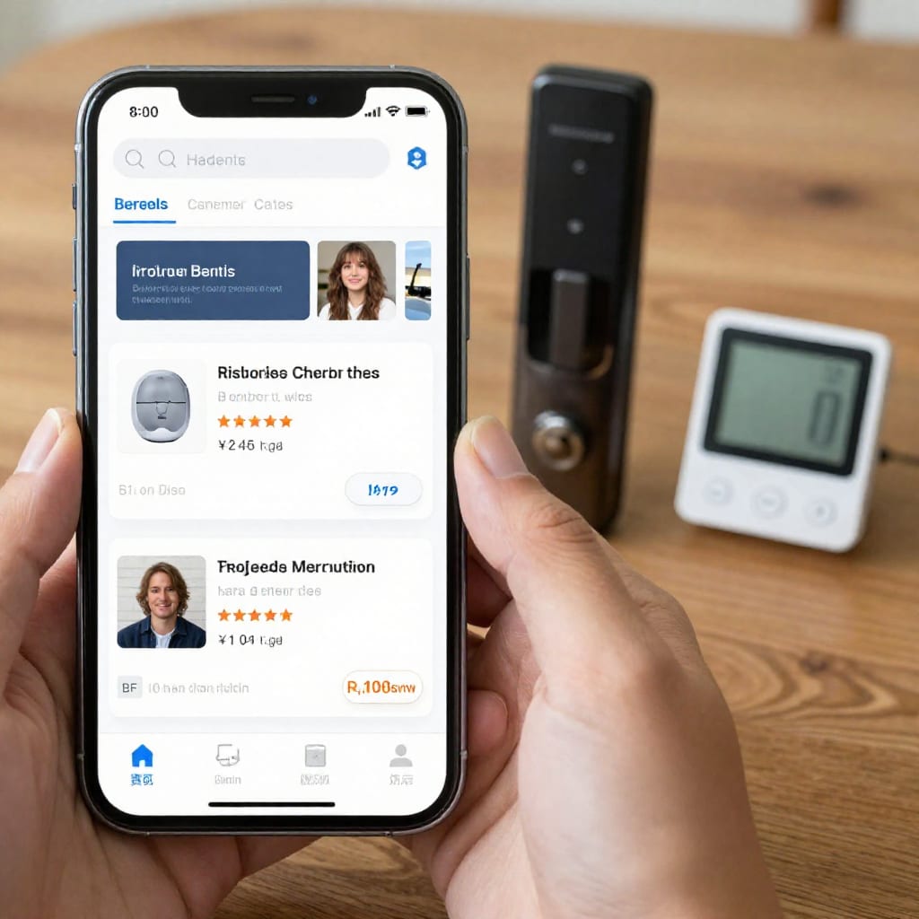 Smartphone showing side-by-side comparison of two smart home review sites with ratings, next to a smart lock and thermostat