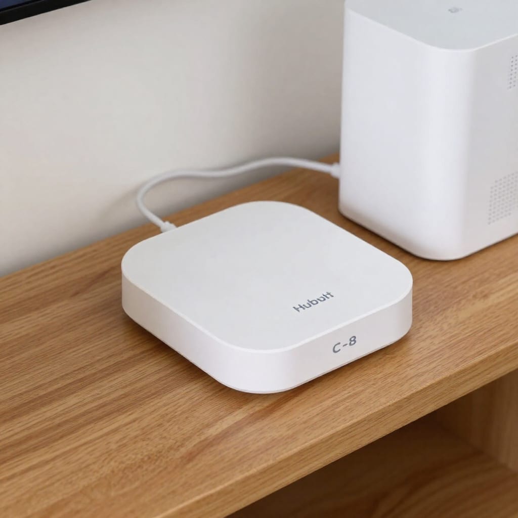 Hubitat C-8 smart home hub next to Wi-Fi 7 mesh node on shelf