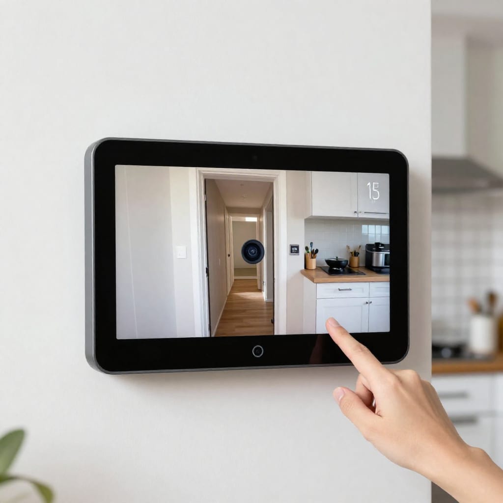 Echo Show 15 smart home dashboard mounted on kitchen wall showing camera feed and temperature