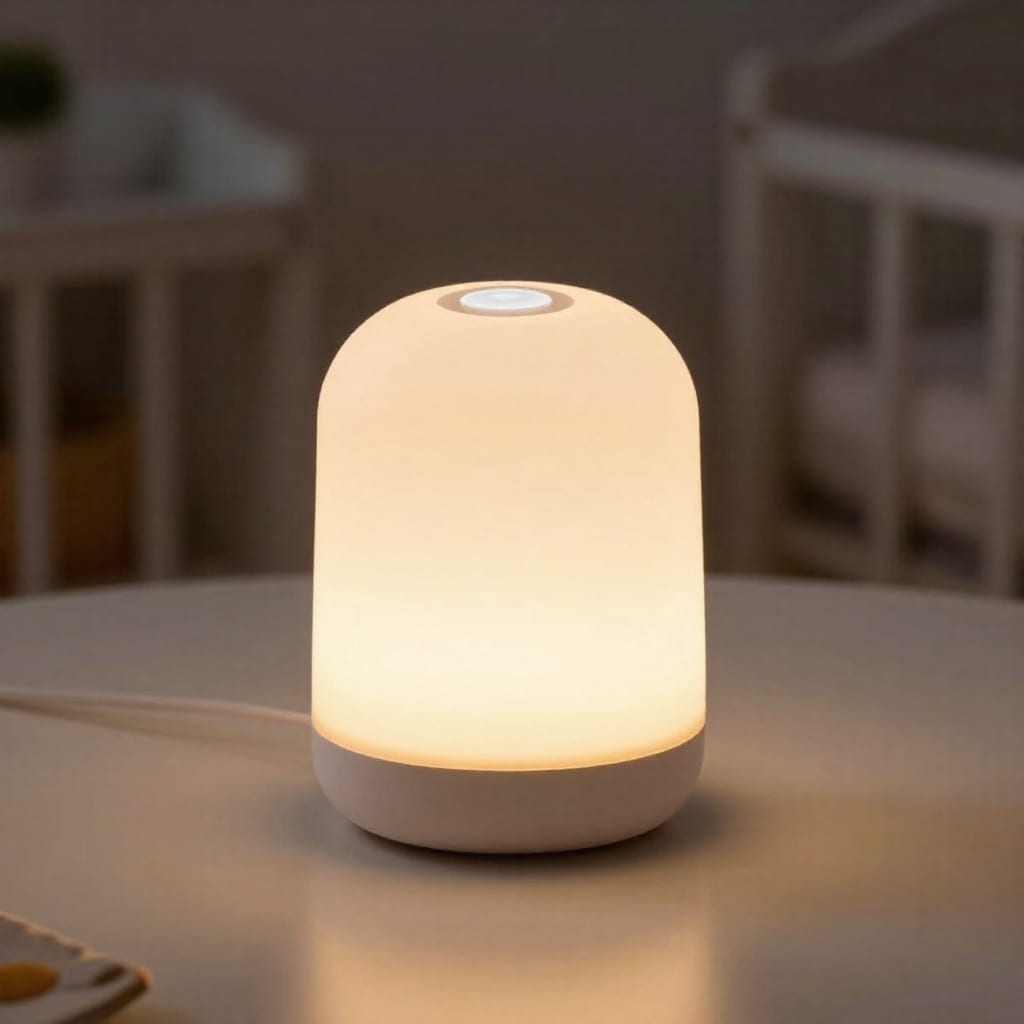 Child-safe smart nightlight with physical button glowing warmly in nursery