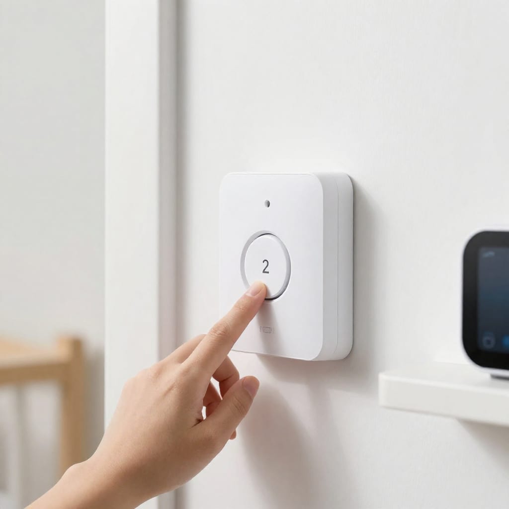 White Flic 2 smart button mounted on wall near nursery door with hub on shelf