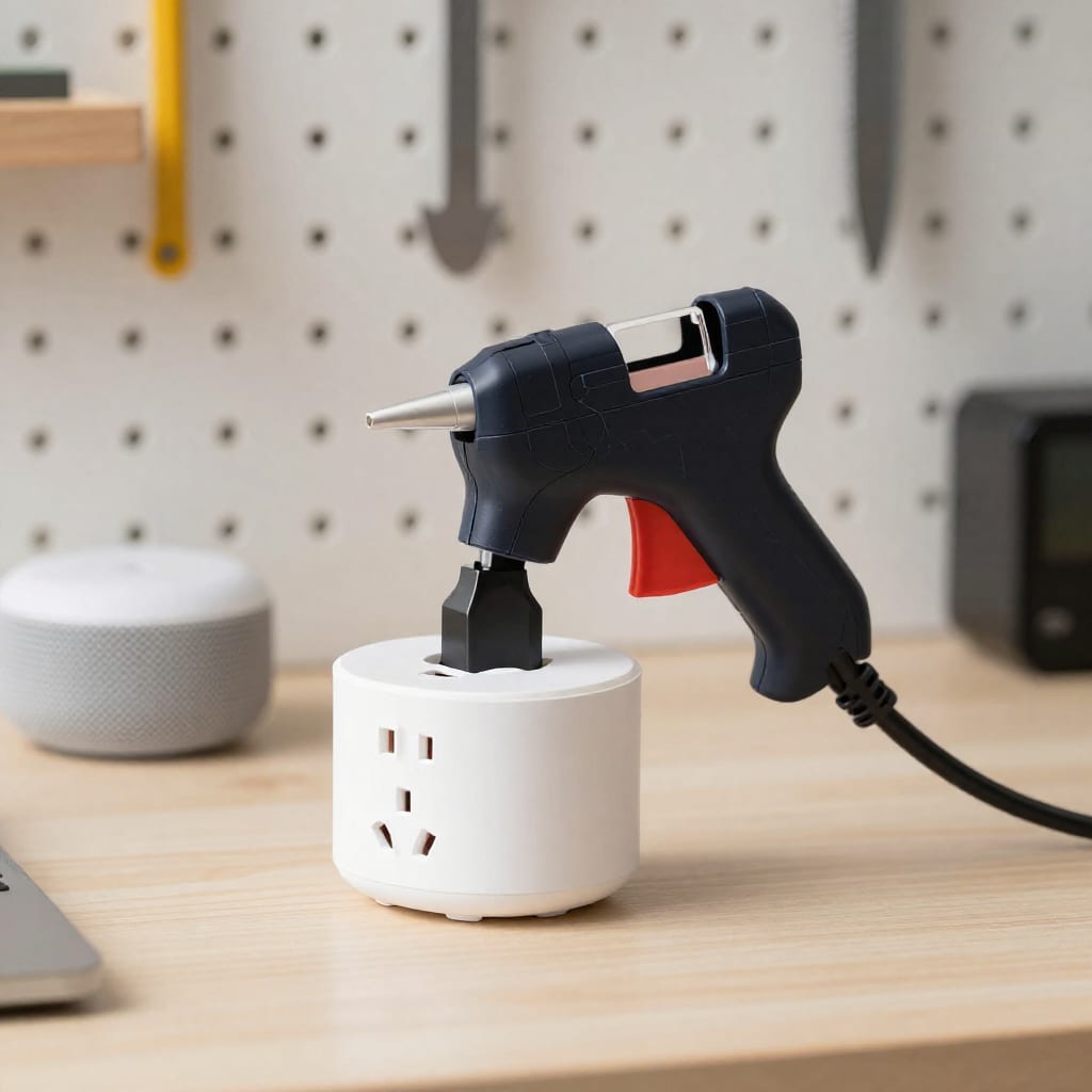 Smart plug with glue gun and voice assistant on craft table