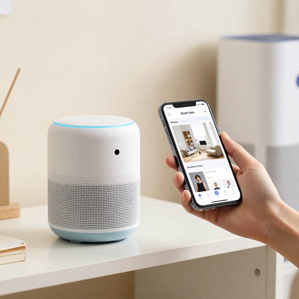 Voice assistant speaker and smartphone showing smart home scene app