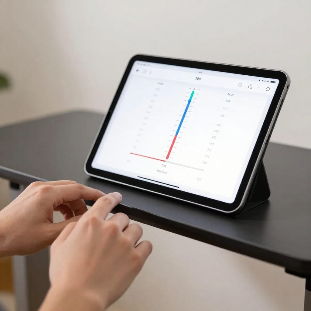 Close-up of a smart standing desk with a tablet displaying height adjustment controls