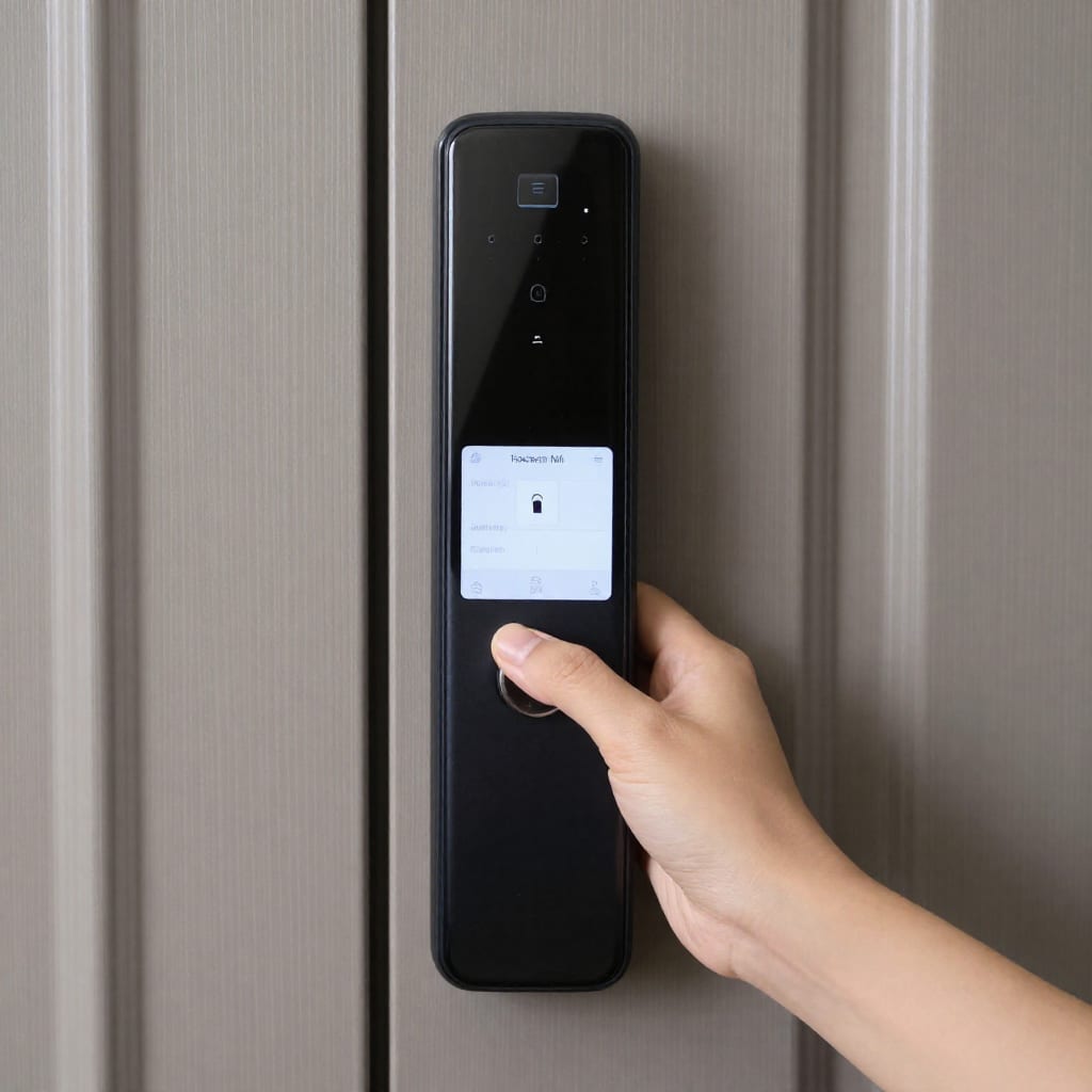 Smart lock on a front door with a smartphone app displaying the lock status