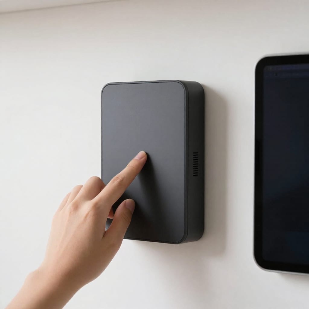 Cleanly installed smart home hub with hidden cables on kitchen wall