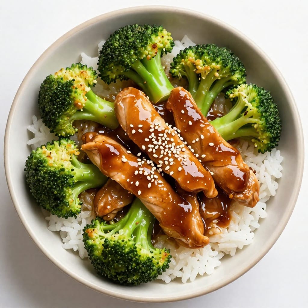 Teriyaki chicken and broccoli bowl with rice