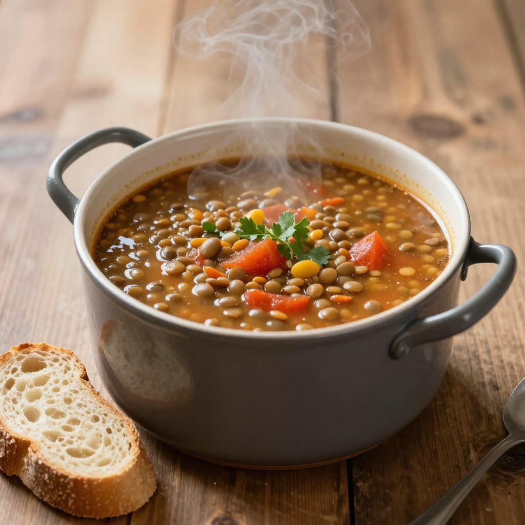 Lentil and tomato soup with bread on a wooden table