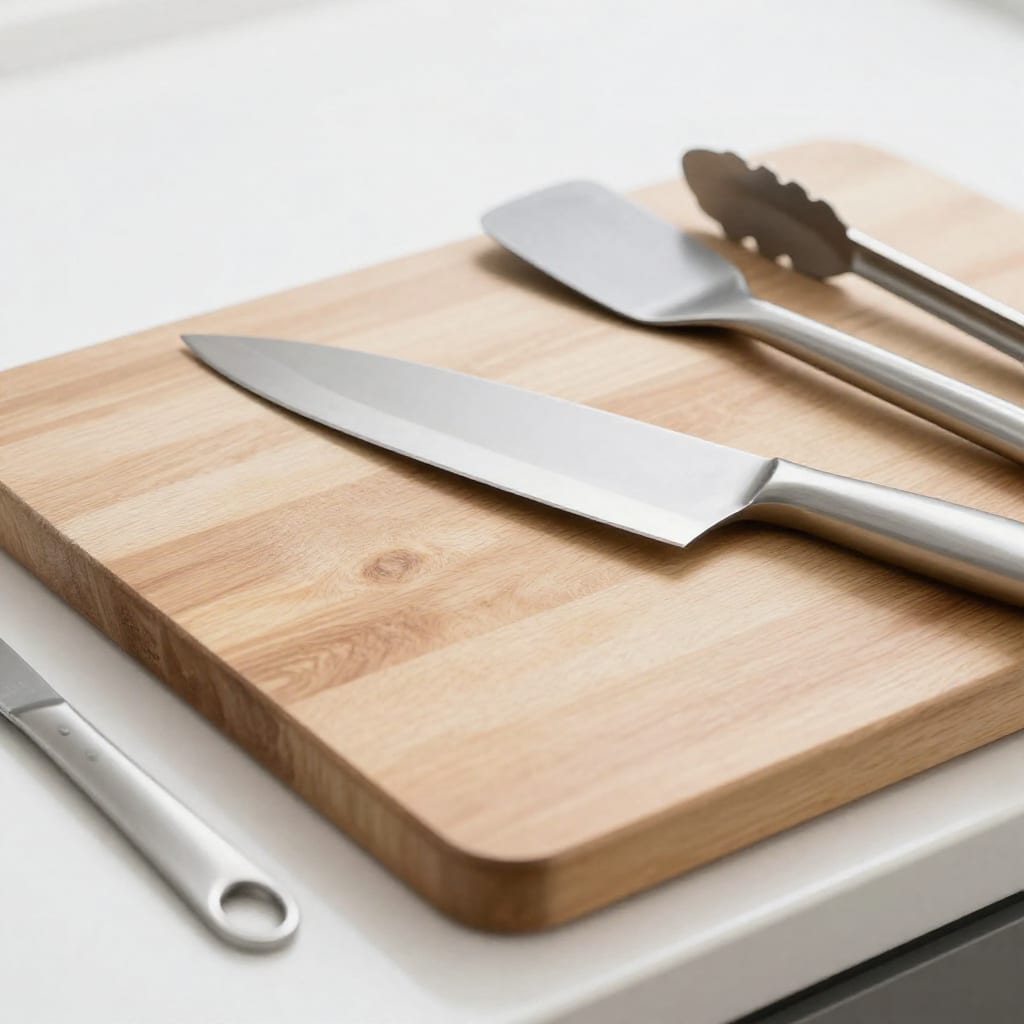 Minimalist kitchen tools on a cutting board in a small apartment