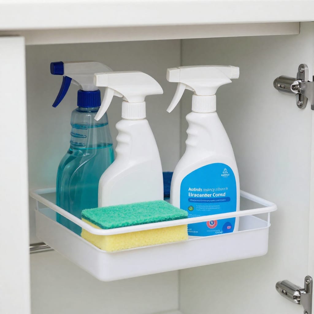 Under-sink storage with tension rod and spray bottles in a tiny kitchen