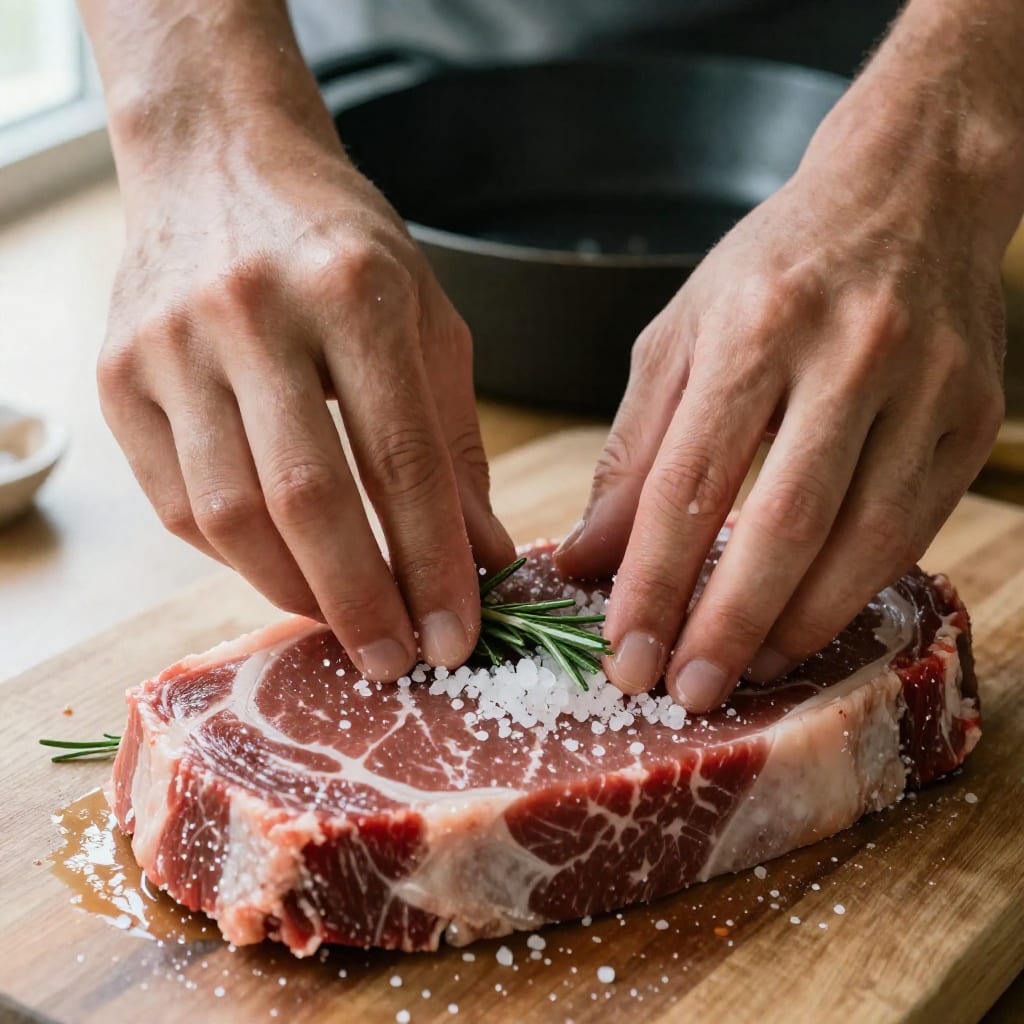 Close-up of hands seasoning a raw beef steak with coarse salt and rosemary on a wooden kitchen board, with a skillet blurred behind.
