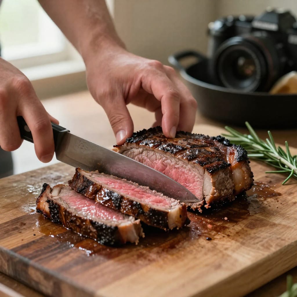 Close-up of a hand fanning out slices of pink-centered, dark-crusted flank steak with a knife on a wooden cutting board, with a skillet blurred in the background.