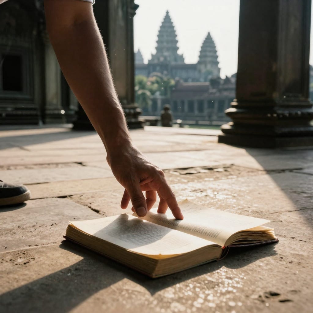 A tourist's hand reaches for an open guidebook on the sunlit stone floor of an Angkor Wat corridor, with temple towers softly blurred in the background.