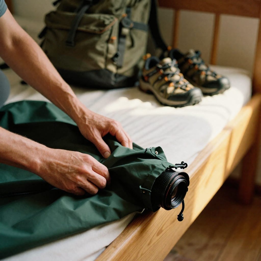 Hands carefully rolling a dark green rain jacket next to a partially packed canvas backpack on a bed, with hiking sandals and soft afternoon shadows conveying trip preparation for Southeast Asia's monsoon season.