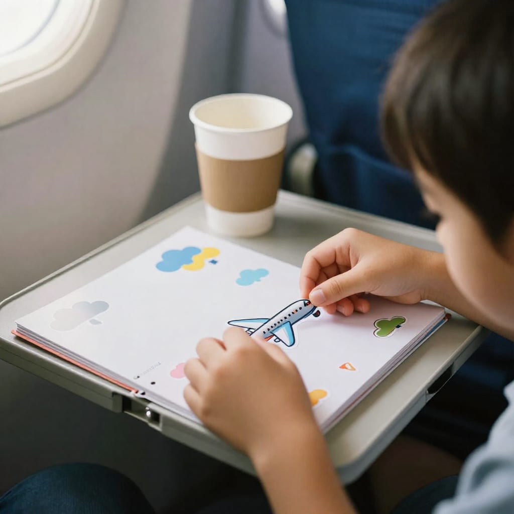 Overhead view of a child's hand peeling an airplane sticker from a colorful reusable book on an airplane tray table beside a coffee cup.