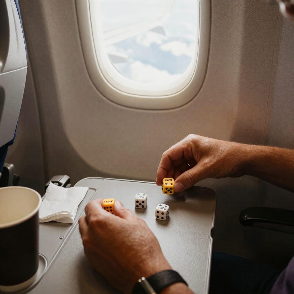 Close-up of hands rolling story dice on an airplane tray table beside a window view of clouds and a wing.