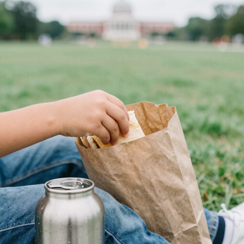 A close-up candid photo of a child's hand reaching into a paper bag for food during a family picnic on the National Mall grass, with a reusable water bottle in the foreground and the Smithsonian Castle blurry in the background.