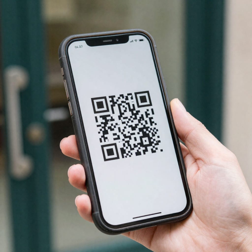 A close-up of a smartphone displaying a museum timed-entry pass QR code, held by a hand at the entrance of a Smithsonian museum in Washington DC.