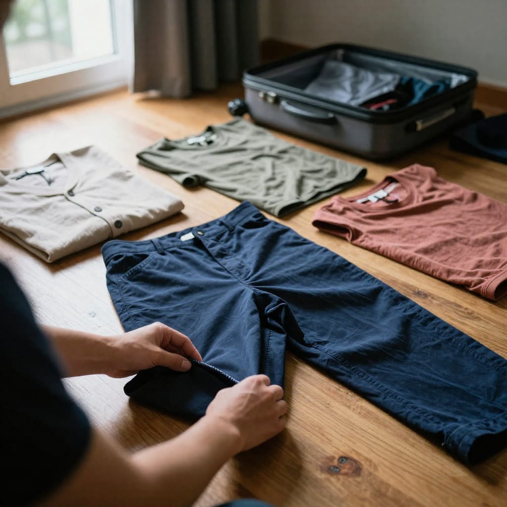 Close-up of hands packing a capsule wardrobe of neutral-colored clothing onto a wooden hotel floor, with soft natural light from a window.