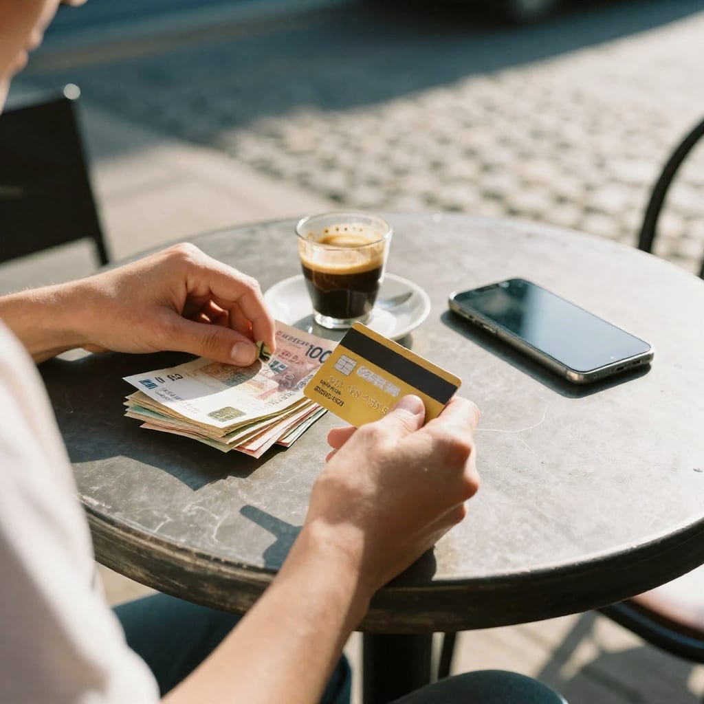 A traveler's hands comparing a credit card with colorful local banknotes on a sunlit café table beside a coffee cup and smartphone.