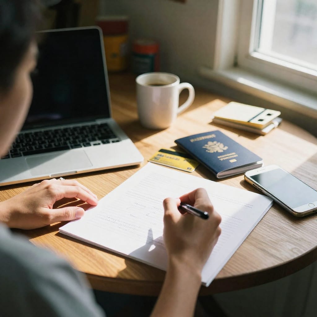 Close-up over-the-shoulder view of a person's hands planning a trip with an open passport, credit card, and smartphone on a sunlit wooden table.