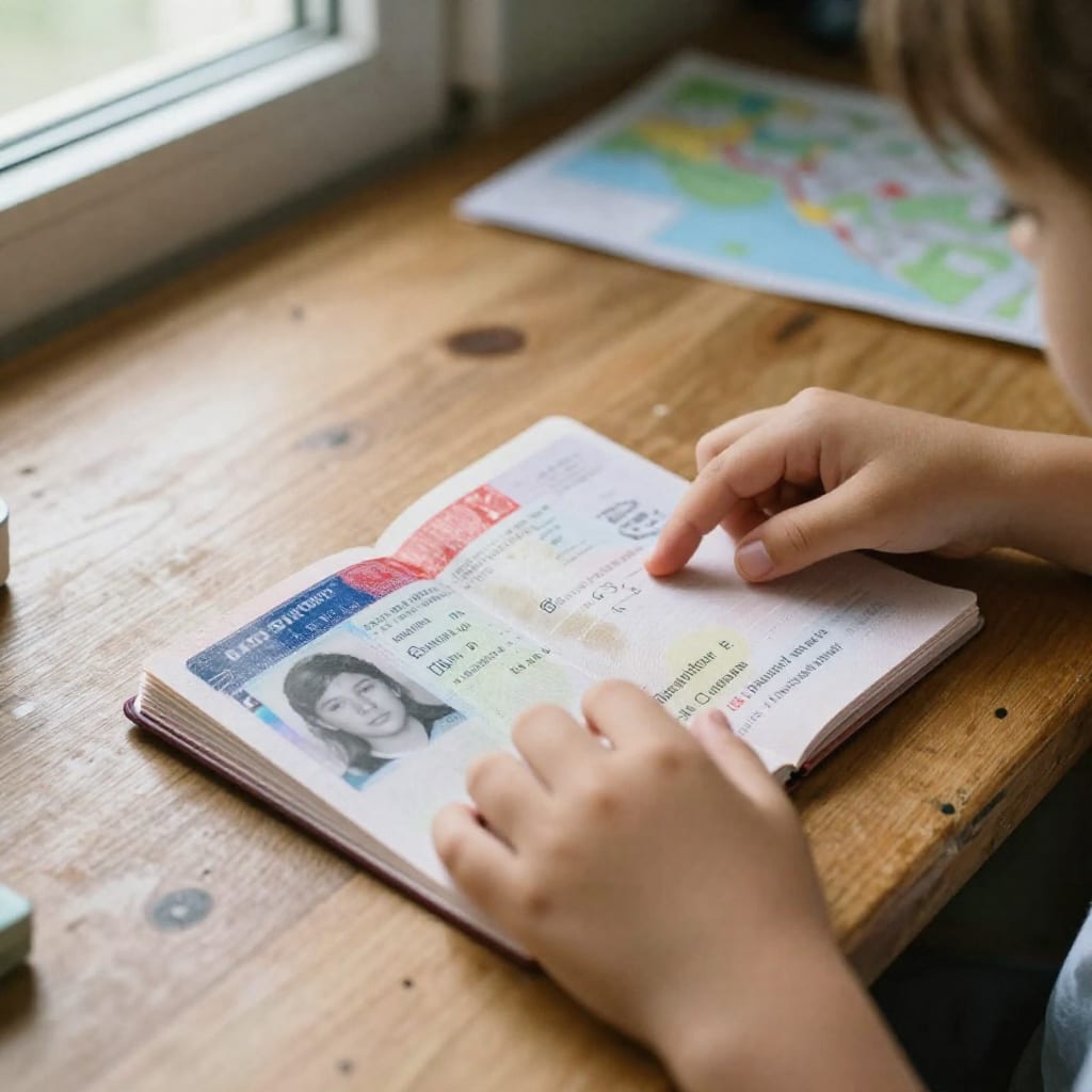 A close-up of a child's hands holding an open passport on a kitchen table scattered with maps and crayons, bathed in warm afternoon window light.