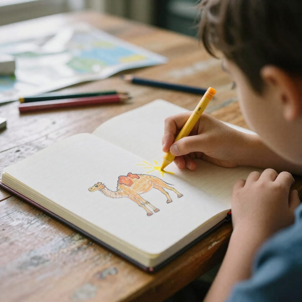 A child's hand draws a yellow sun over a camel in an open travel journal, with colored pencils scattered on a wooden kitchen table in warm afternoon light.