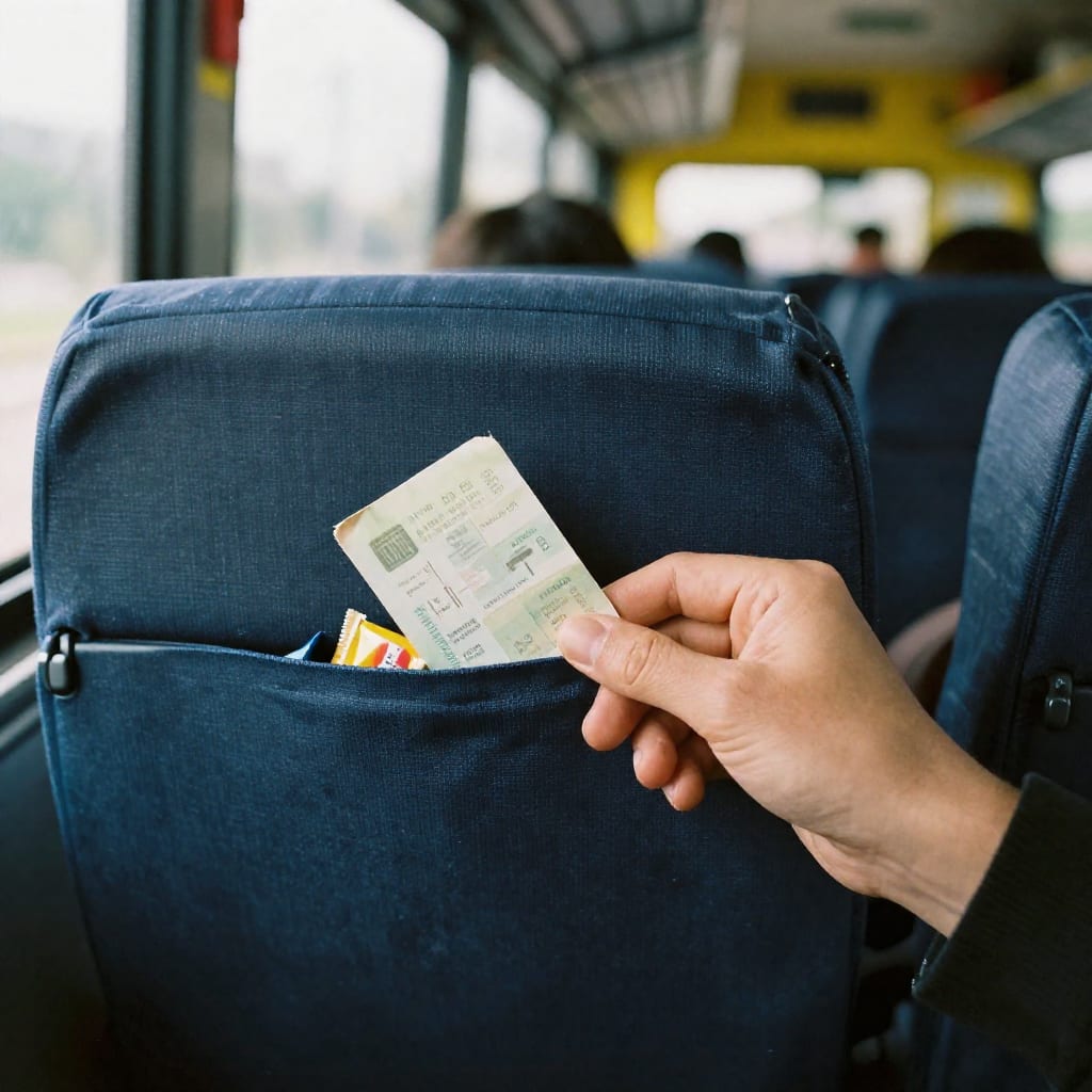 A close-up of a traveler's hand placing a paper bus ticket into an empty seat-back pocket on a quiet, early-morning coach