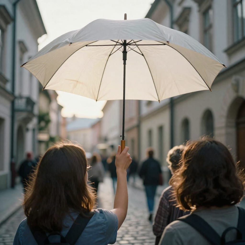 Close-up of a tour guide's hand holding a raised umbrella above a small group on a quiet early morning street in Kraków's