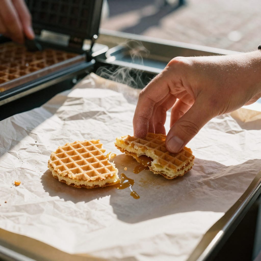 A hand pulls away from a freshly broken stroopwafel on wax paper at a sunlit outdoor market stall, steam rising from