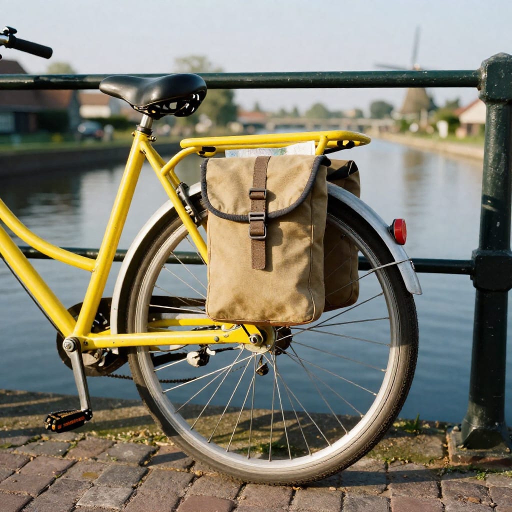 Close-up of a locked yellow bicycle with a canvas pannier bag on a sun-drenched canalside bridge, a windmill silhouette