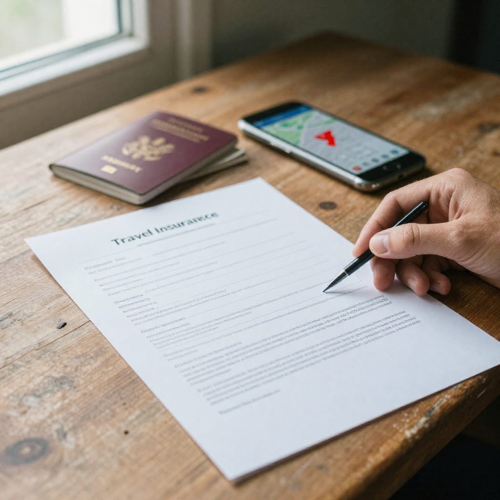 A traveler's hand holding a printed insurance policy next to a passport and a smartphone showing a map with a red advisory
