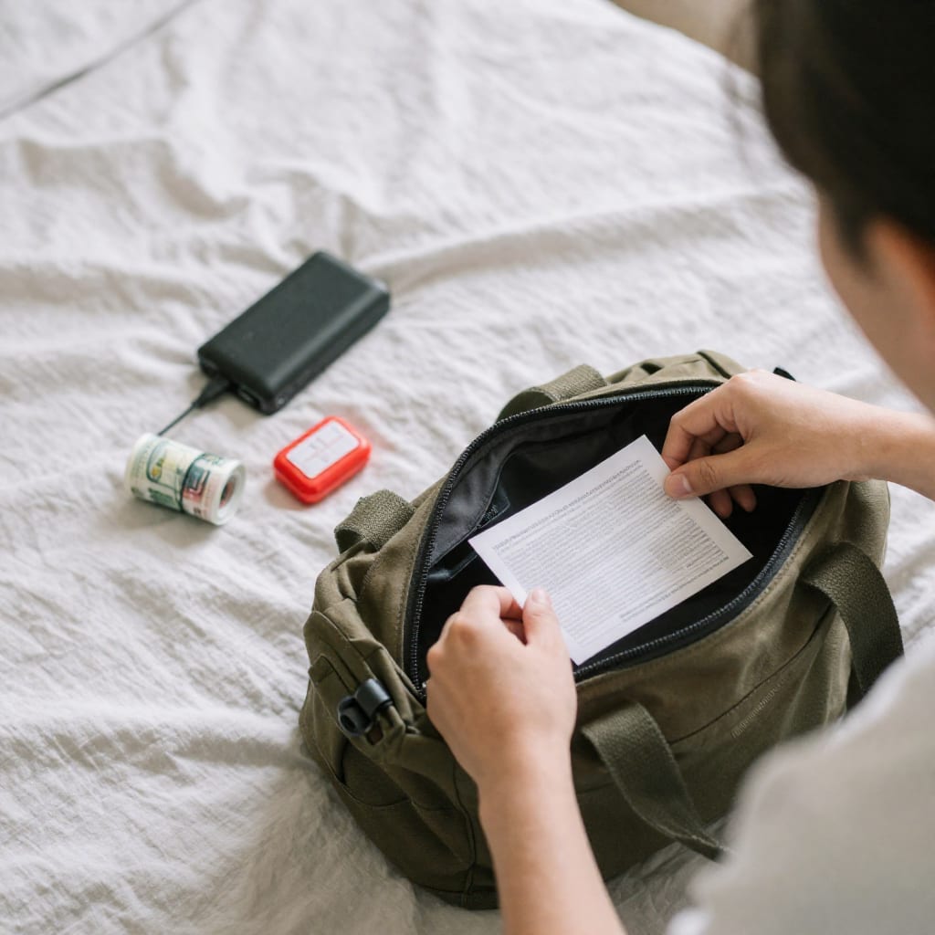 Hands placing a passport copy into an open travel bag on a bed, with a power bank, currency, and a first-aid kit visible