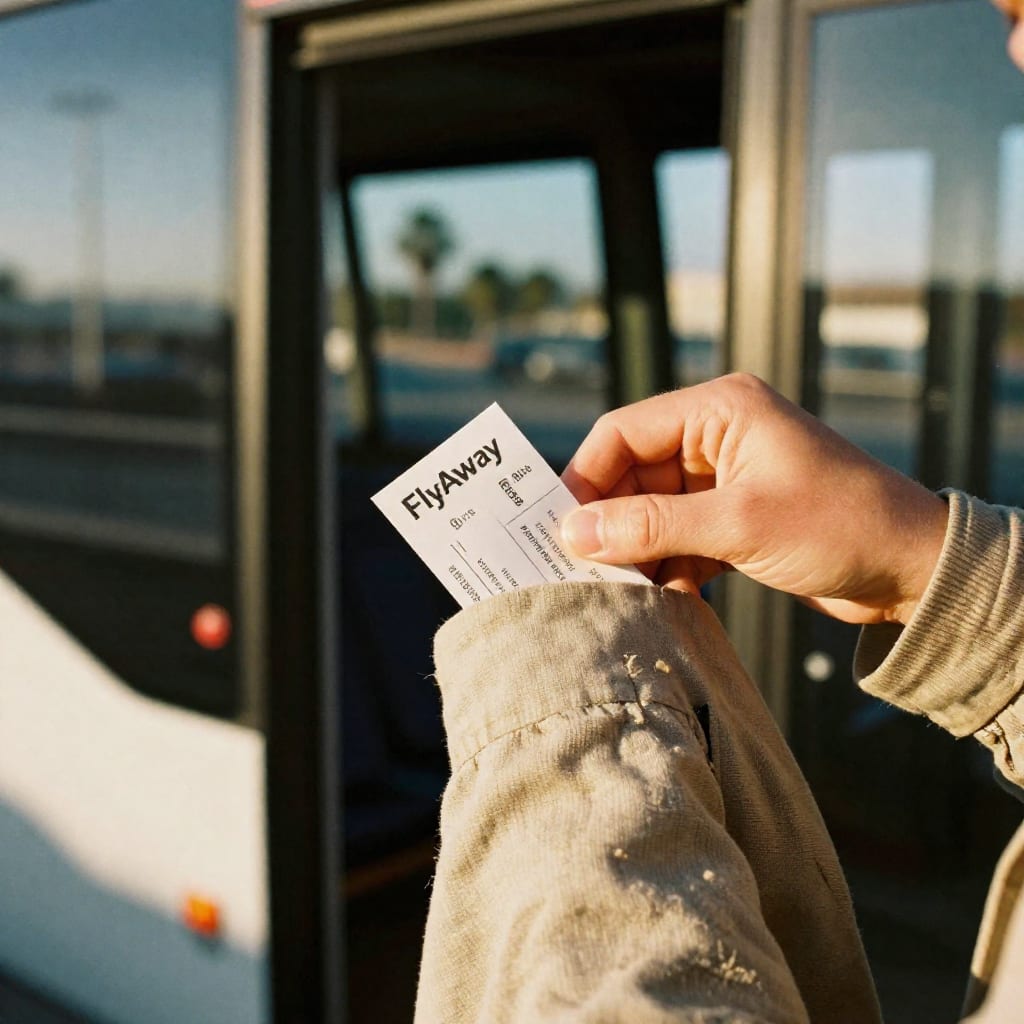 A traveler's hand putting a paper bus ticket into a jacket pocket beside an open FlyAway bus door at LAX in warm afternoon