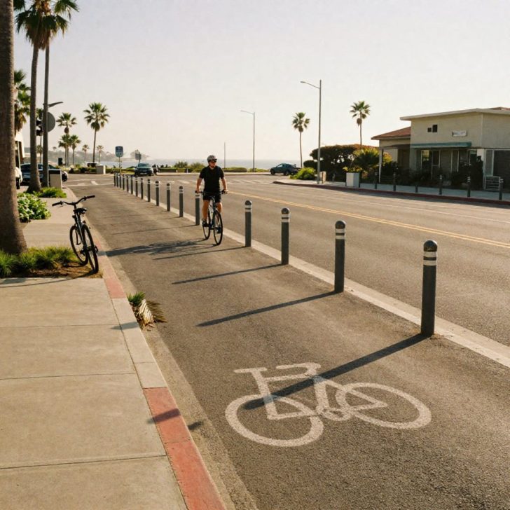 A cyclist rides along a sunlit protected bike lane on Venice Boulevard, leading toward palm trees and a distant ocean view