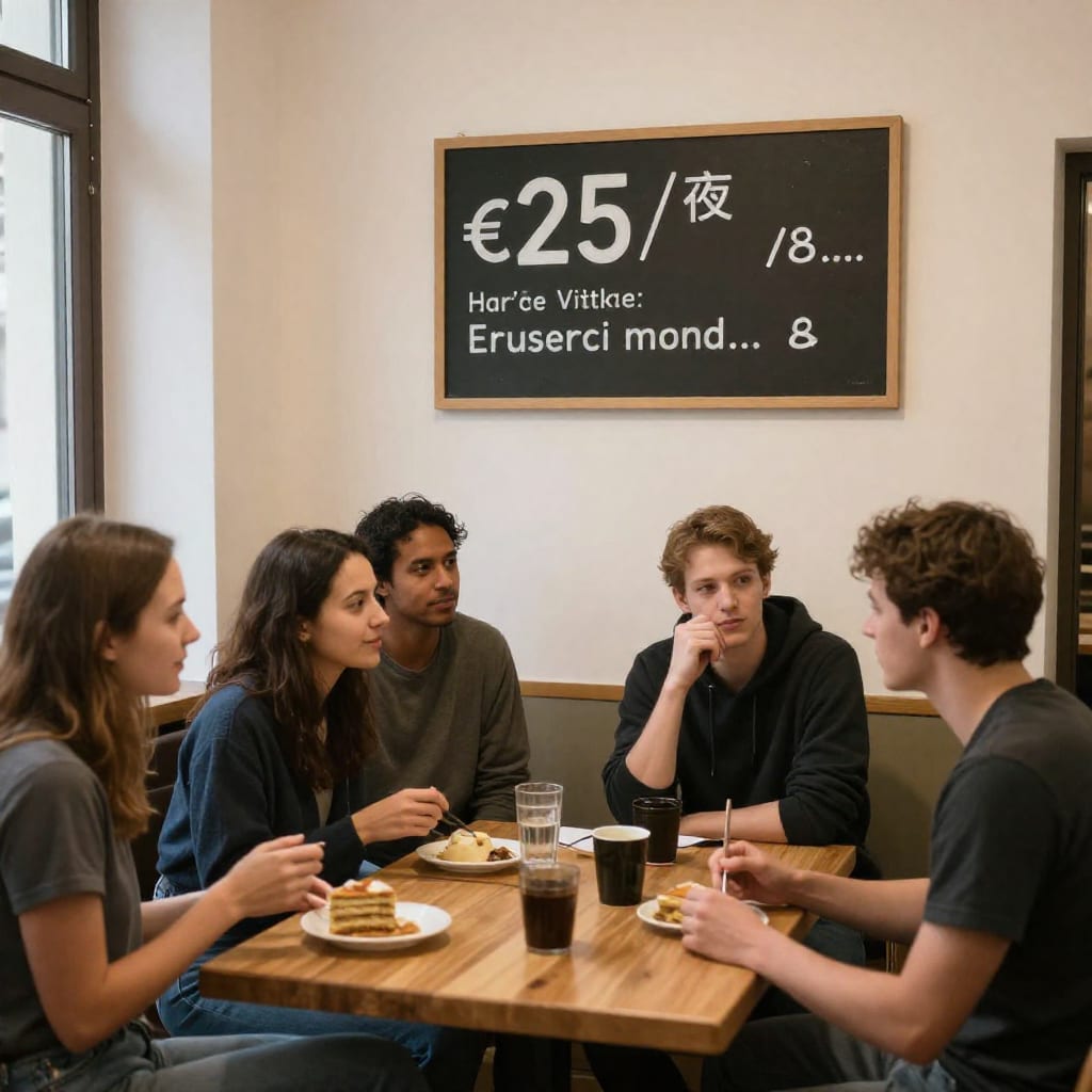 Vienna hostel common room with price board