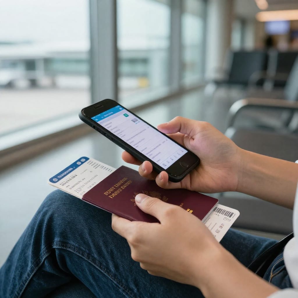 A traveler's hands holding a burgundy passport and a smartphone with a flight booking confirmation, sitting in a softly lit