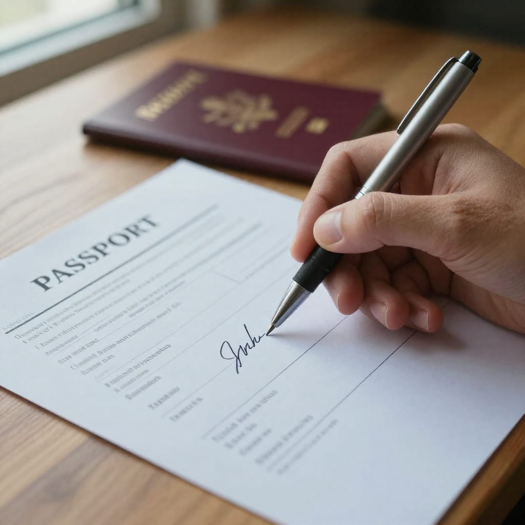 A close-up over-the-shoulder view of a hand holding a pen just above the blank signature line on a passport renewal form