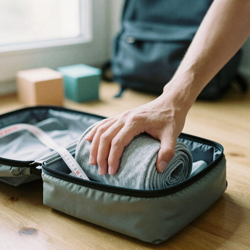 A hand presses down on clothes inside an open sage-green packing cube next to a measuring tape and backpack, on a light wooden floor.