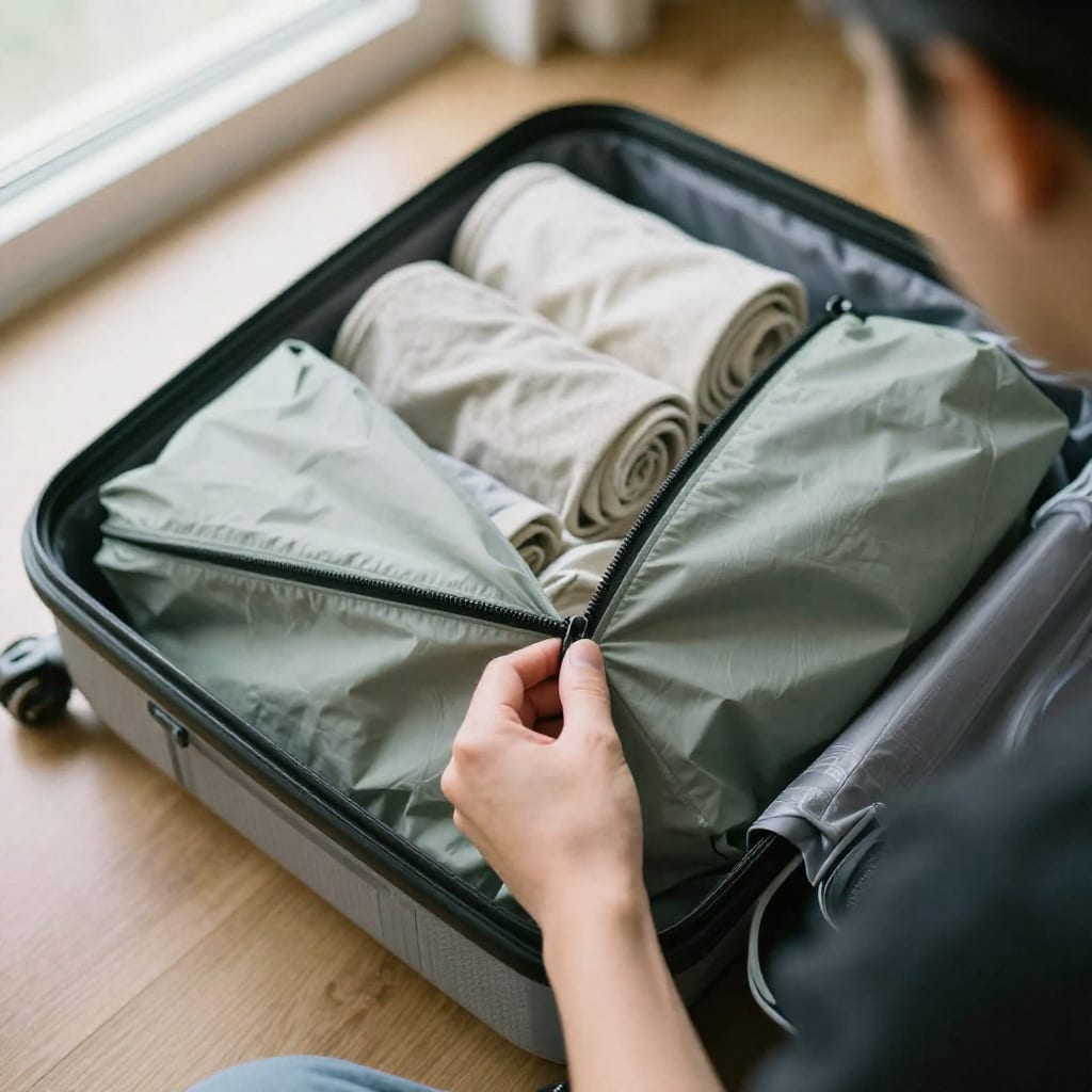 An overhead view of a hand unzipping a sage green packing cube filled with rolled t-shirts inside an open suitcase on a wooden floor.
