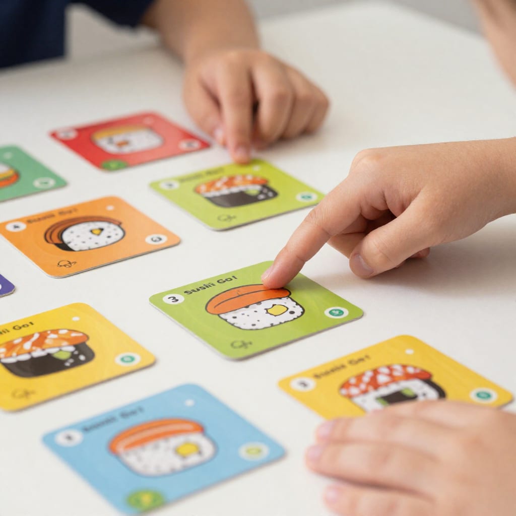 Close-up of Sushi Go! card game being played