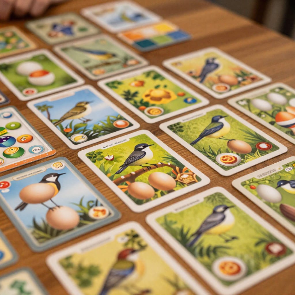 Wingspan game components on a wooden table