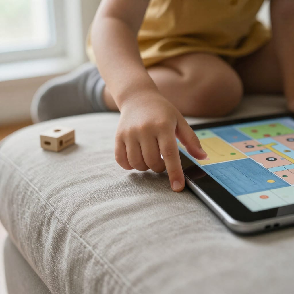Close-up of a toddler's hand pointing at a colorful children's app on a tablet screen, resting on a linen sofa in a sunlit
