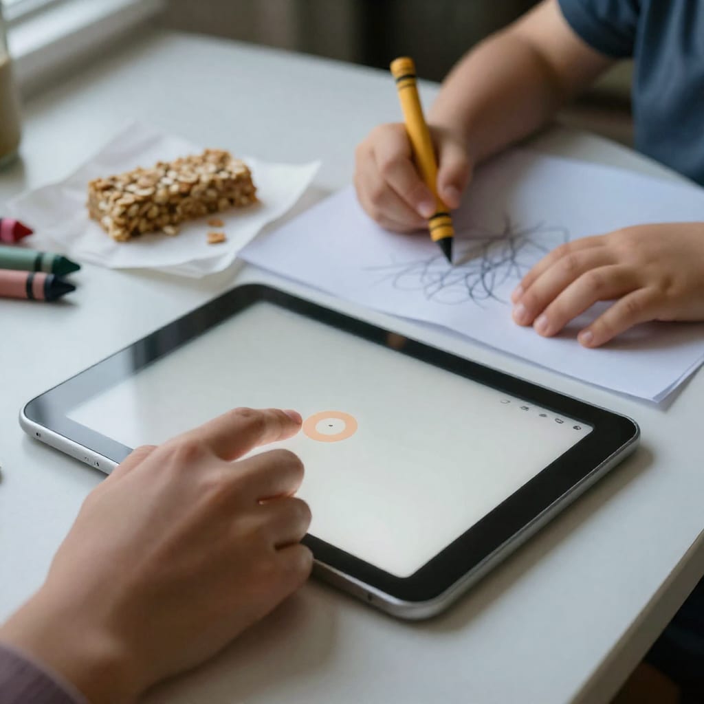 Close-up of an adult hand setting a timer on a tablet while a toddler's hands draw with a yellow crayon at a sunlit kitchen