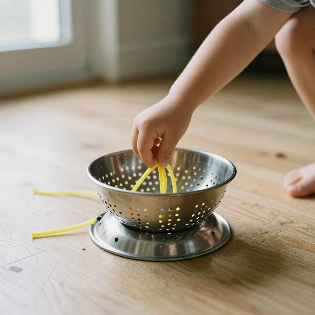 Close-up of a toddler's hands threading a yellow pipe cleaner into a metal colander on a kitchen floor, a simple screen-free