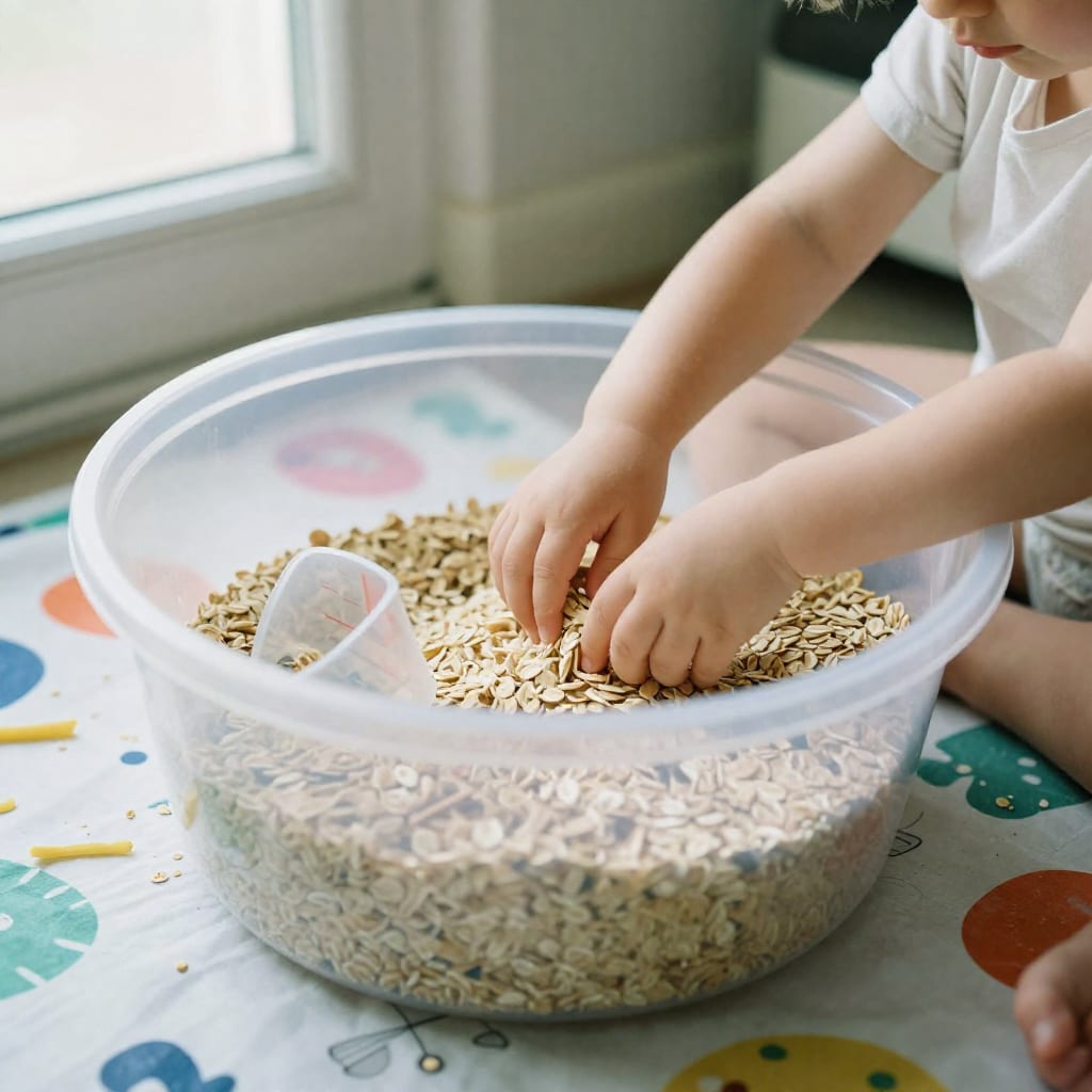 Close-up of a toddler's hands scooping dry oats in a sensory play bin on a patterned mat on a kitchen floor