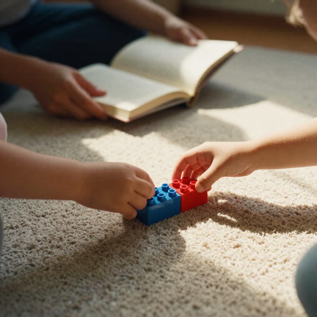 A close-up candid photo of a child's hands playing with Lego bricks on the floor, while a parent's hand holds an open book