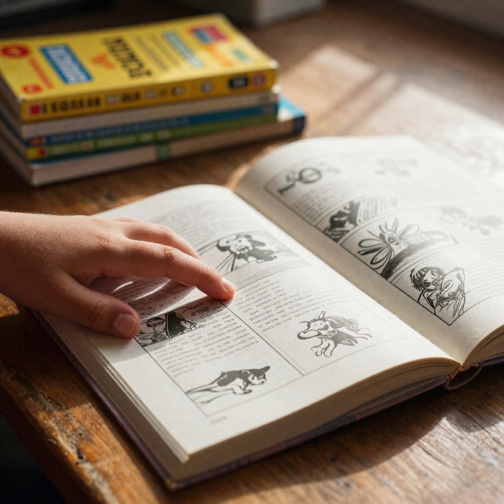 Close-up of a child's hand resting on an open, well-worn graphic novel on a sunlit wooden table, with a stack of colorful
