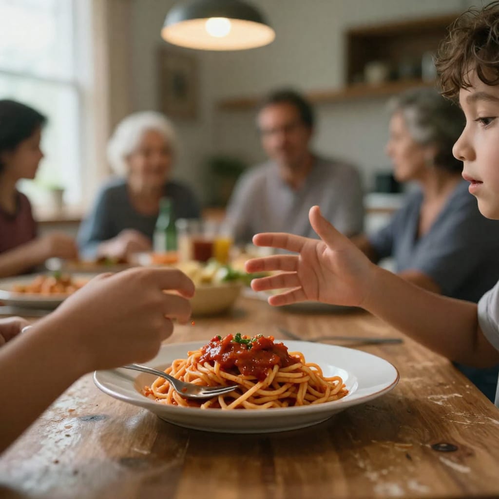 Close-up of a child's hands gesturing expressively over a plate of spaghetti at a family dinner table, with blurred family members in the background.