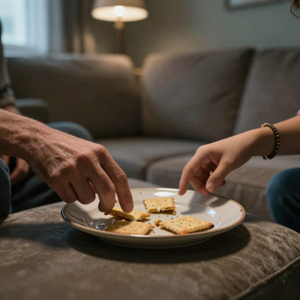 Close-up of a parent and teenager's hands reaching for a cracker on a shared plate, resting on a cozy couch at dusk.